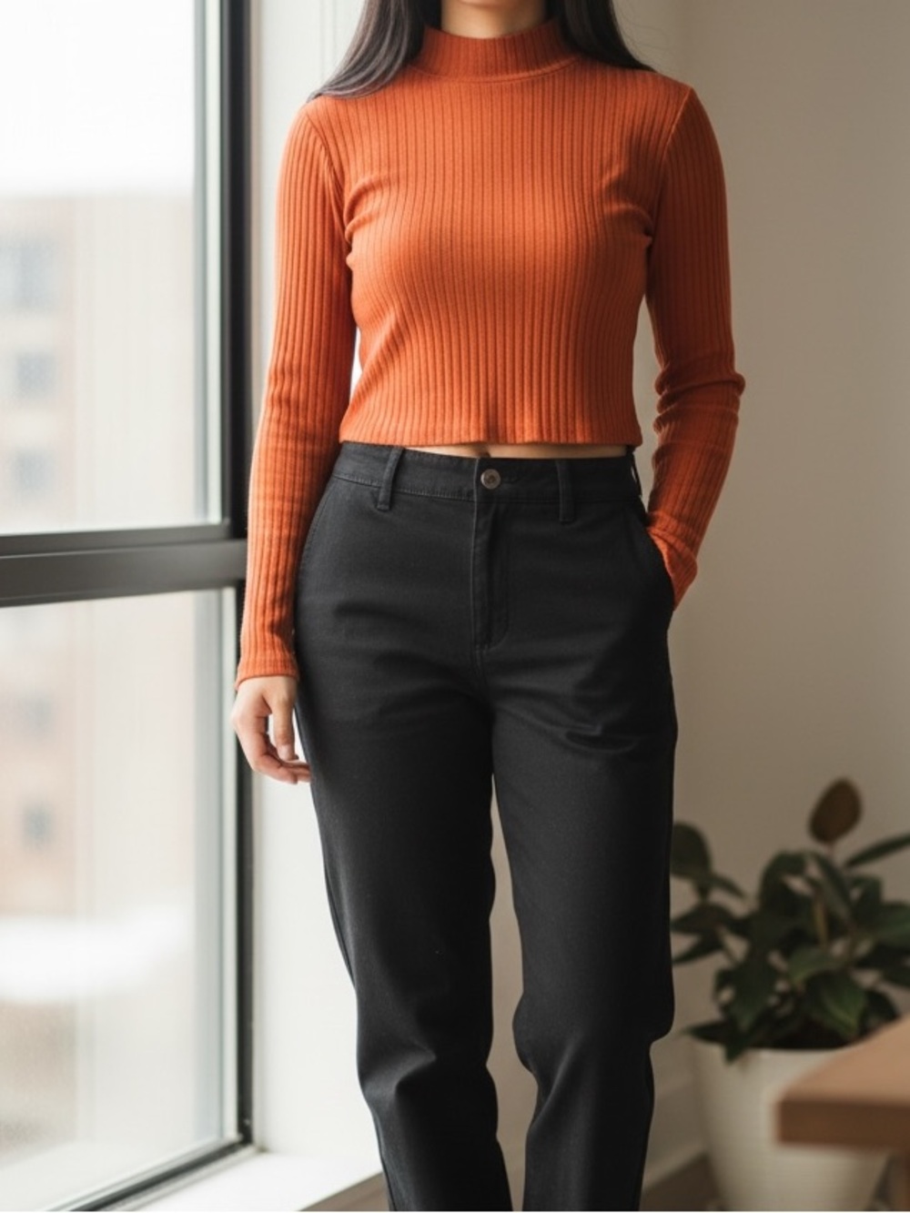 H&M Orange Ribbed Mock-Neck Long Sleeve Crop Top
